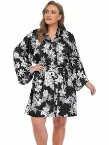 iFigure Batas cortas de satén para mujer, talla, batas de - Floral negro - Ver 12