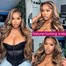 30 Inch 250% Density Ombre Honey Blonde Lace Front Wig Human Hair 13x4 HD Highlight Body Wave Lace Front Wigs Human Hair For Women Glueless Pre Plucked With Baby Hair 4/27 Colored HD Lace Wig Human Hair - S4/27 - 查看 8