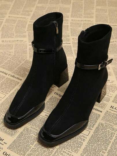 2025 Autumn/Winter New Retro French & British Style Black Square Toe Leather Suede Short Boots For Women, Side Zipper Slim Fit Chunky Heel Buckle Strap Fashion Dress Boots