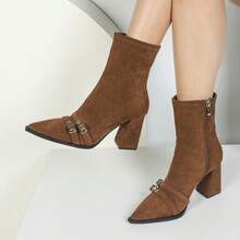 Retro Brown Pointed Leather Belt Buckle Thick Heel Elastic Autumn And Winter New Fashion Slim Boot Women's Short Boot, Commute, Office - Brown - View 6