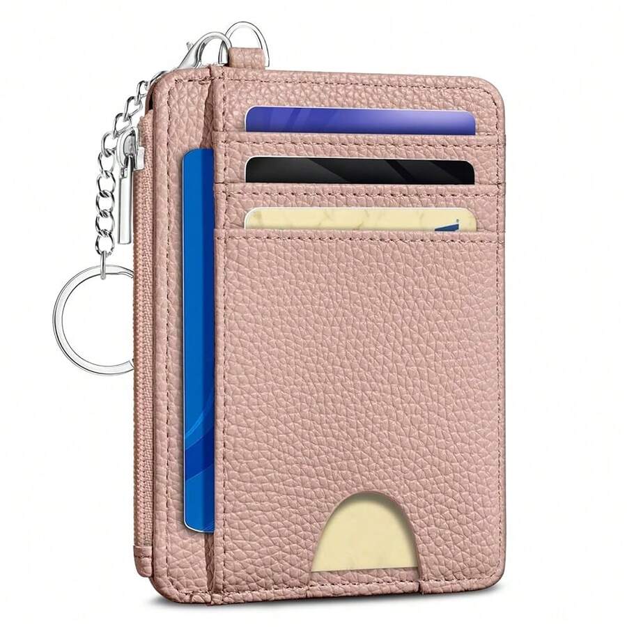 Cute Credit Card Holder Small Wallet Women, Minimalist Slim RFID Blocking Wallet Woman Keychain With Zipper Coin Pocket, Front Pocket Thin Travel Card Case Organizer ID Window Ladies Gifts{"Color_name":"SolidPK"} - 多色7 - 查看 1