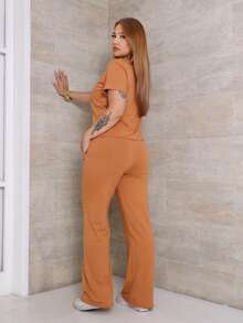 Women's Set Of Wide Leg Pants And Comfortable Sweatshirt Top Summer - Camel - View 3