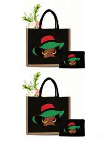 两件套轻便手提袋及配套化妆包 - 防水易清洁面料，多口袋设计，适合购物、旅行、海滩、教师节礼物，女士大容量亚麻手提袋。这款便携休闲收纳手提袋设计新颖，容量大，是理想的购物袋和最佳教师节礼物。 - 黑色 - 查看 17