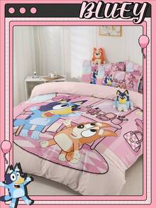 Bluey 布鲁伊 (Bruie) 2/3 件套床上用品套装，布鲁伊 (Bruie) 床上用品，舒适防起球床上用品套装，亲肤粉色卡通风格被套套装，家纺，被套和枕套，不含被芯，适用于单人床、双人床、大号床、特大号床，四季皆宜，可机洗，房间装饰 - 彩色 - 查看 7