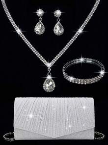 Women's Diamond Jewelry Sparkling Luxury Rhinestone Jewelry Set Sparkling Necklace Earrings Bracelet Set Glitter Wrinkle Handheld Banquet Bag V-Shaped Flip Cover Envelope Bag Handheld Bag Banquet Bag Wallet Handbag Elegant Handheld Banquet Bag Handbag Women's Ball Handbag Women's Bridal Banquet Bag Ball Handbag Metal Chain Handbag Wedding Party Handbag Cocktail Party Wedding New Wallet Banquet Bag - Silver - View 22
