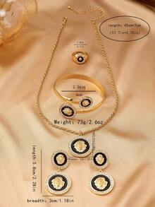 Set de 5 piezas con colgante, aretes, pulsera y anillo con diseño de cabeza de león esmaltado estilo palacio vintage, con incrustaciones de diamante de imitación, para mujer, para fiesta y regalo - Amarillo Oro - Ver 6