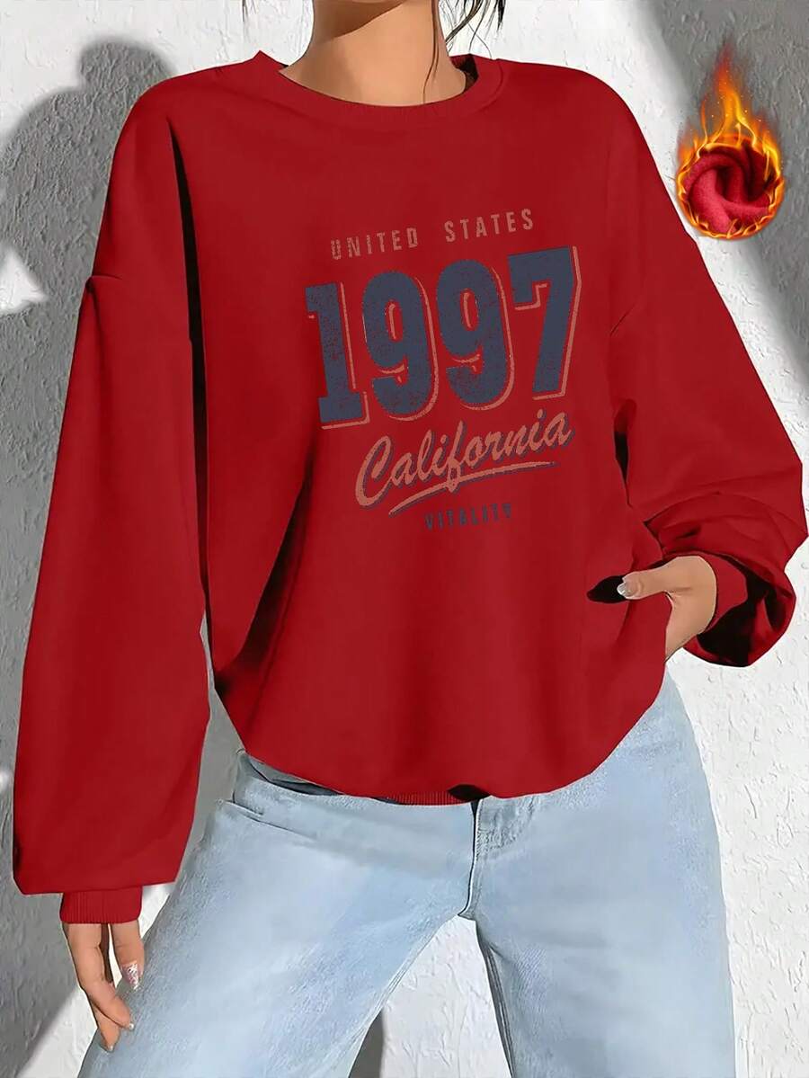 2025 Jesień/Zima nowa damska bluza z długim rękawem i grubym wykończeniem Podstawowa luźna wersja Styl casualowy Wygodna na co dzień Miękkie ciepło Wzór nadruku Okrągły dekolt Nadaje się na jesień i zimę Modny styl uliczny