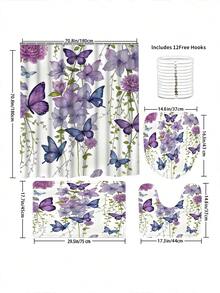1/4 件紫色水彩蝴蝶图案浴帘套装，防水涤纶面料，简约春夏家居装饰窗帘，马桶盖套，U 型垫，浴室防滑垫圣诞装饰 - 彩色 - 查看 6