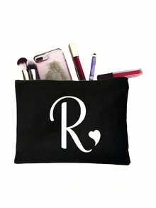 1pc Black Large-Capacity Cosmetic Bag, Printed With White Artistic Letters A-Z And A Heart Pattern,Hot-Selling Fashion Item Suitable For Travel, Toiletry, Multi-Functional Storage, Jewelry Storage, Coin Purse, Headphone Bag, Digital Storage Bag,Christmas Gifts,Pouch,Travel,Gifts For Women,Women's Necessaire,Travel Essential,Pouch,Clutch / Small Handbag,Necessaire,Makeup Organizer,Makeup Organize,Pouch,Brush Holder,Mini Pouch,Large Capacity Pouch