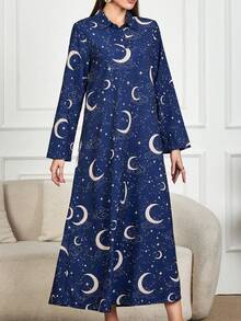 2025 Spring New Women's Printed Bohemian Style Long Sleeve Dress, Fashionable Loose Autumn Dress, Tie-Waist Vacation Casual Dress, Elegant Party Beach Graduation Ceremony Evening Gown - Blue - View 3