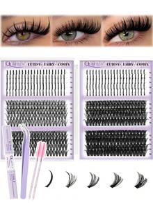 590 Peças Kit de Extensão de Cílios DIY Curl D 100D+150D Volume Lash Clusters Com Espigões Kit de Extensão de Cílios Inferiores Wispy Cluster Extensões de Cílios Com Adesivo de Cílios e Pinça Escova Fácil de Aplicar
