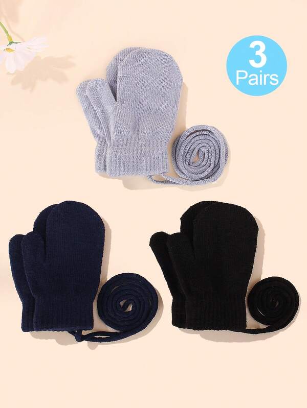 3 Pairs Set Children's Winter Warm Knitted Gloves, Cute Kindergarten Kids Gloves With String