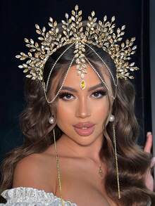 1pc Luxurious Bridal Crown Headband With Rhinestone Decor, Tassel Chain Hair Accessory For Women, Fashion Wedding Party Festival Costume - 紅色 - 查看 7