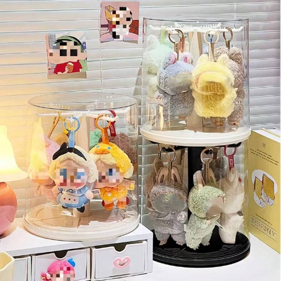 1pc 360° Rotating Acrylic Display Case For Labubu - Dustproof Storage Shelf With Hooks, Ideal For Plush Toys & Decorative Figurines, Clear PMMA Material, Is Christmas Gift And Birthday Gift, Dustproof And Moisture-Proof Toy Storage Box, Doll Display Cabinet - 圓形(黑色) - 查看 1