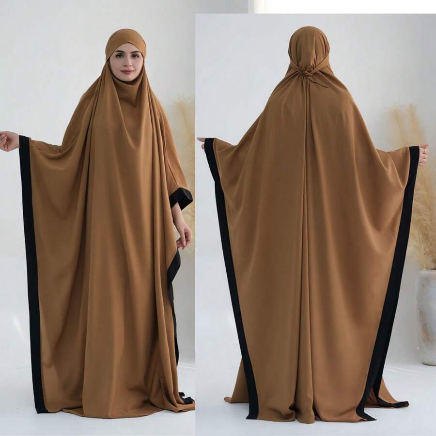 1pc New Elegant Nida Patchwork Trim Black Abaya Hijab, Loose Comfortable Conservative Tie-Up Convenient Headscarf, Suitable For Women's Daily Wear And Prayer