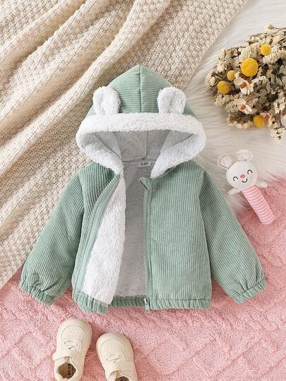 Baby Girls' Casual Cute Corduroy Composite Plush Fabric 3D Ear Decor Zipper Full-Open Thermal Lined Thick Hooded Long Sleeve Jacket, Autumn/Winter