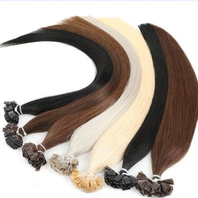 扁平头接发 真人发接发 12-22英寸 直发 角蛋白接发 隐形F型头接发 高品质 自然逼真 适合稀疏发质 婚礼 日常使用 派对 真人直发 音乐会接发 舞会接发