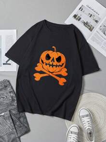 Halloween Short Sleeve Black T-Shirt with Pumpkin Skull Crossbones Print for Festive Party Wear - Negro - Ver 2
