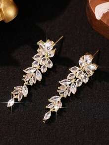 1pair Elegant Leaf Flower CZ Women Long Wedding Earrings With AAA Cubic Zirconia Dangle Earrings Jewelry - Gold - 查看 7