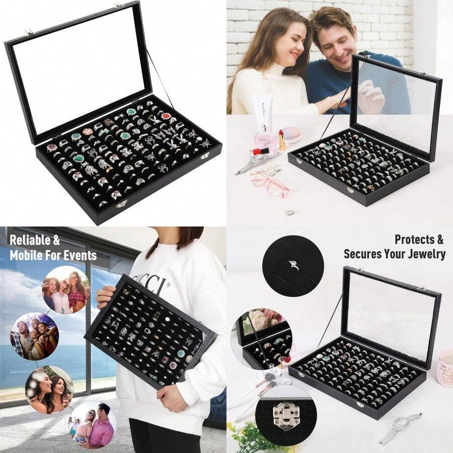 Pengup 100 Slots Ring Case Organizer Display BoxRings Holder Storage Boxes For Jewelry Showcase With Glass Lid Black Velvet .