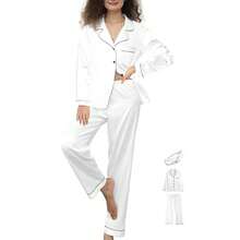 Womens 3Pcs Satin Pajamas Set Silk Pajama Sets XS-3XL Long Silky Pj Sets Nightwear Pjs Set Sleepwear Loungewear{"Color_name":"Sage","Size_name":"X-Large"} - Nhiều màu27 - Xem 7