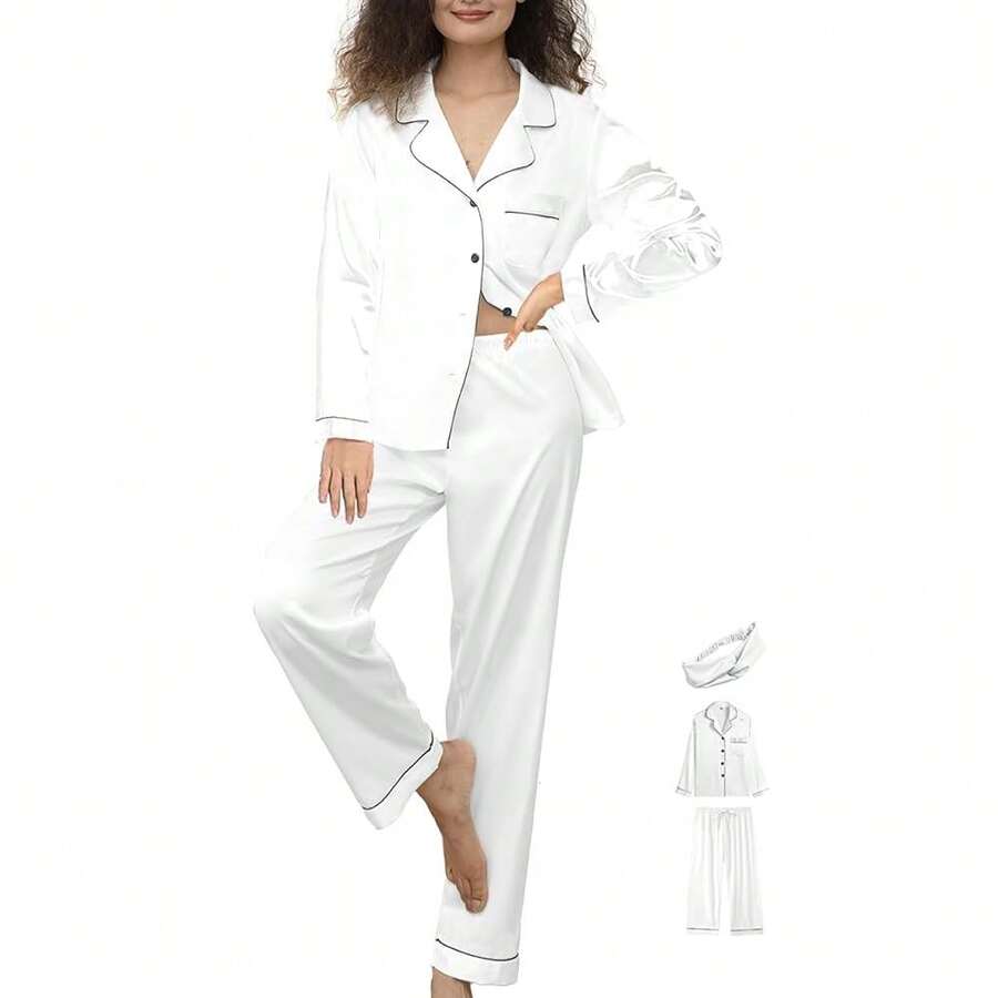 Womens 3Pcs Satin Pajamas Set Silk Pajama Sets XS-3XL Long Silky Pj Sets Nightwear Pjs Set Sleepwear Loungewear{"Color_name":"White","Size_name":"X-Small"} - 多色5 - 查看 1