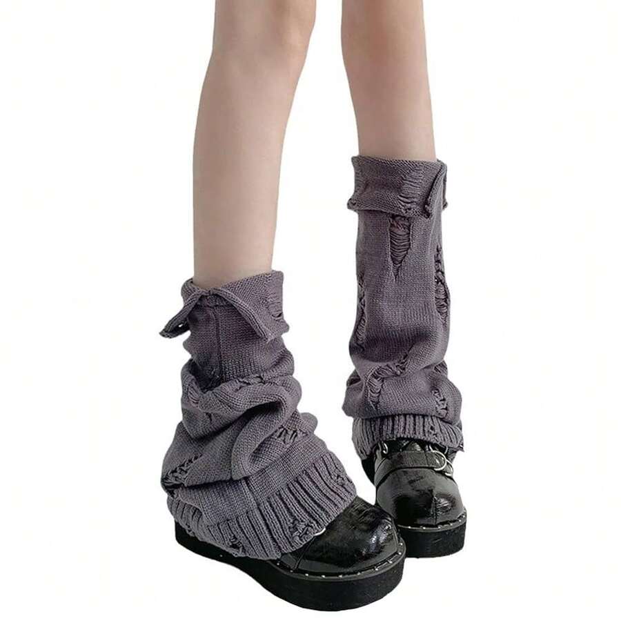 SherryDC Womens Y2k Knit Leg Warmers Harajuku Japanese Long Boot Socks Kawaii Lolita Winter Leg Cover{"Color_name":"900-Grey"} - 多色8 - 查看 1