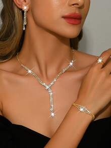 5pcs Luxury Rhinestone Embellished Necklace, Earrings, Bracelet And Ring Set For Women's Daily Commute, Wedding, Party And Holiday Gifts