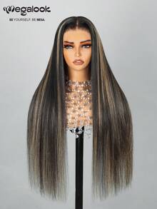 MEGALOOK 13x4 Silky Straight Lace Front Wig 100% Human Hair Ombre Color Pre-Plucked Hairline Breathable Cap Transparent Lace High Shine 180% Density All Day Comfort Suitable For Daily Wear - Highlight & Piano - View 6