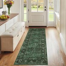 Traditional Home Decor Bordered Living Room Area Rug Non Shedding Easy To Clean Carpet Soft Printed Thin Floorcover Non Slip Low Pile Entrance Runner Rug Stain Resistant Washable Mat Throw Rug For Bathroom Bedroom Dinning Room Kitchen Laundry Hallway - Green - View 2
