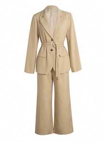 时尚新款欧美女士纯色套装，翻领、腰带装饰，开襟外套搭配宽松阔腿裤，两件套，通勤时尚优雅。
