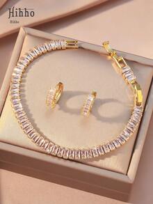 Hihho 3pcs Cubic Zirconia Wedding Jewelry Set, Bridal Cubic Zirconia Tennis Bracelet, Women Jewelry Set
