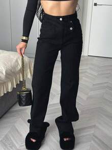 Dark Blue Denim Pants With Double Button Detail - Black - View 6