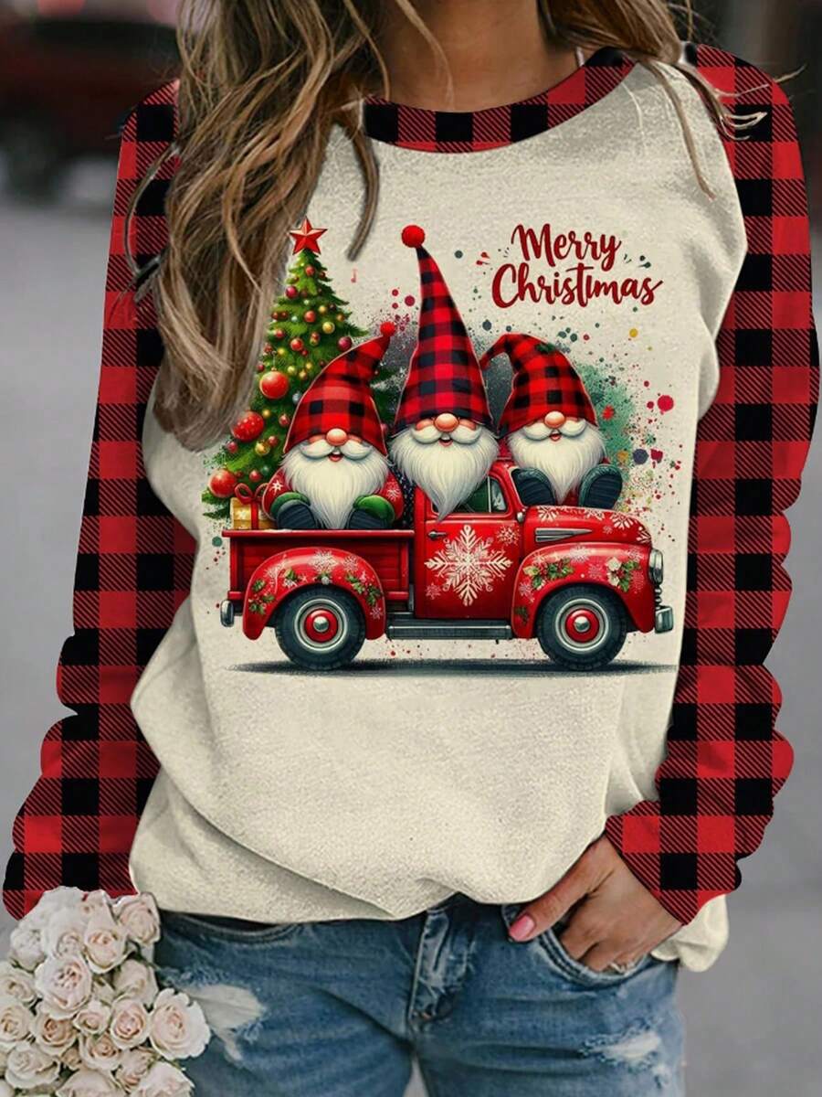 1pc Plus Size Women Christmas Element Printed T-Shirt, Plaid Snowflake & Christmas Tree Santa Claus Print Elastic Crew Neck Top, Christmas