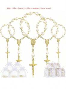 30件/包洗礼礼品套装，亚克力洗礼念珠配人造珍珠和欧根纱袋，适合作为洗礼派对礼物（金色珍珠手链） - 彩色 - 查看 15