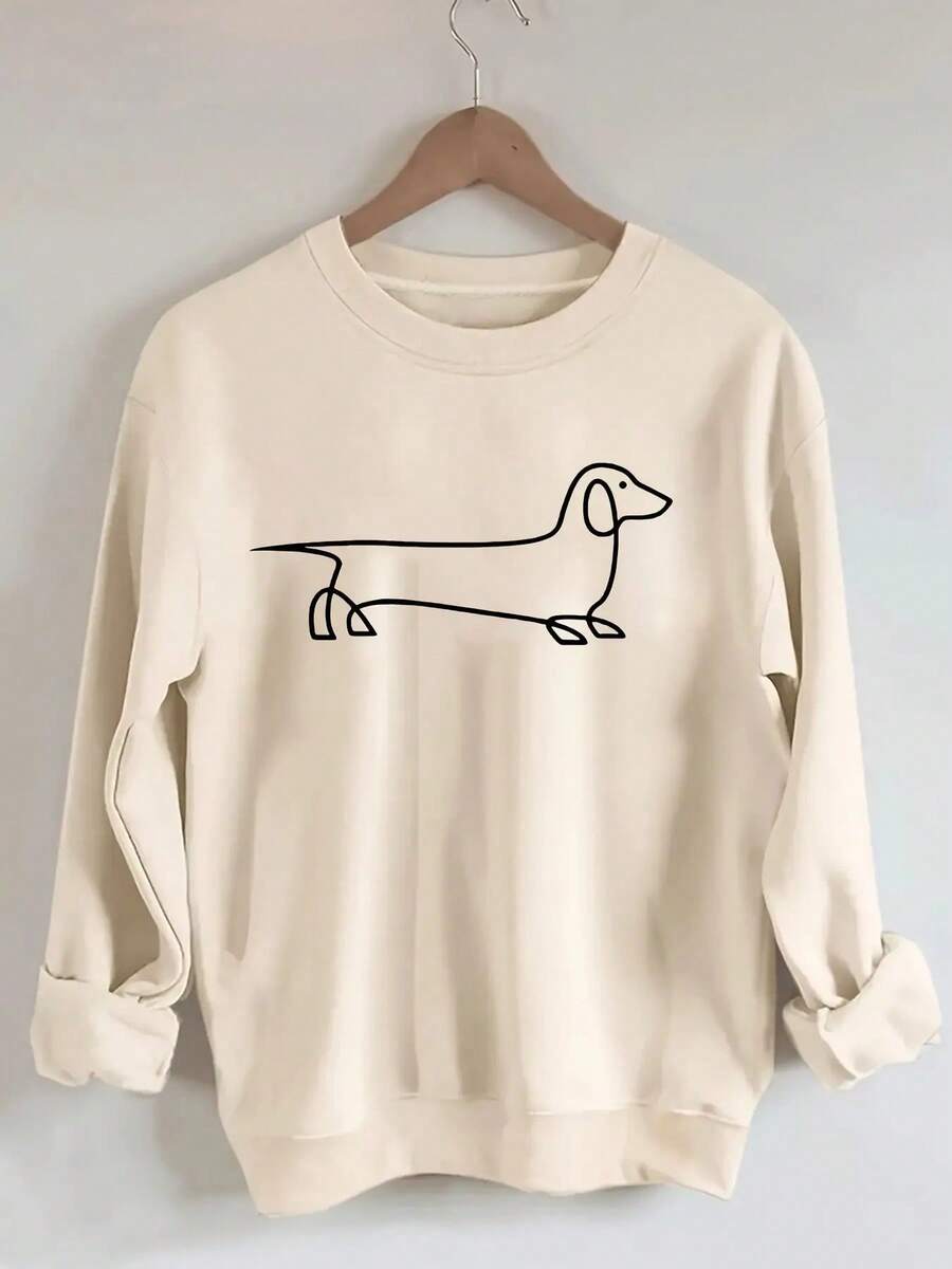 Winter Clothes For Women Plus Size Women's Oversized Casual Sweatshirt - Vibrant Red Geometric Dachshund Dog Print, Round Neck Long Sleeve Pullover, Machine Washable Autumn Winter Clothing, Dog Sweaters, Soft Comfortable Fabric Halloween Clothes Women  Fall Clothes For Women - Màu be - Xem 1