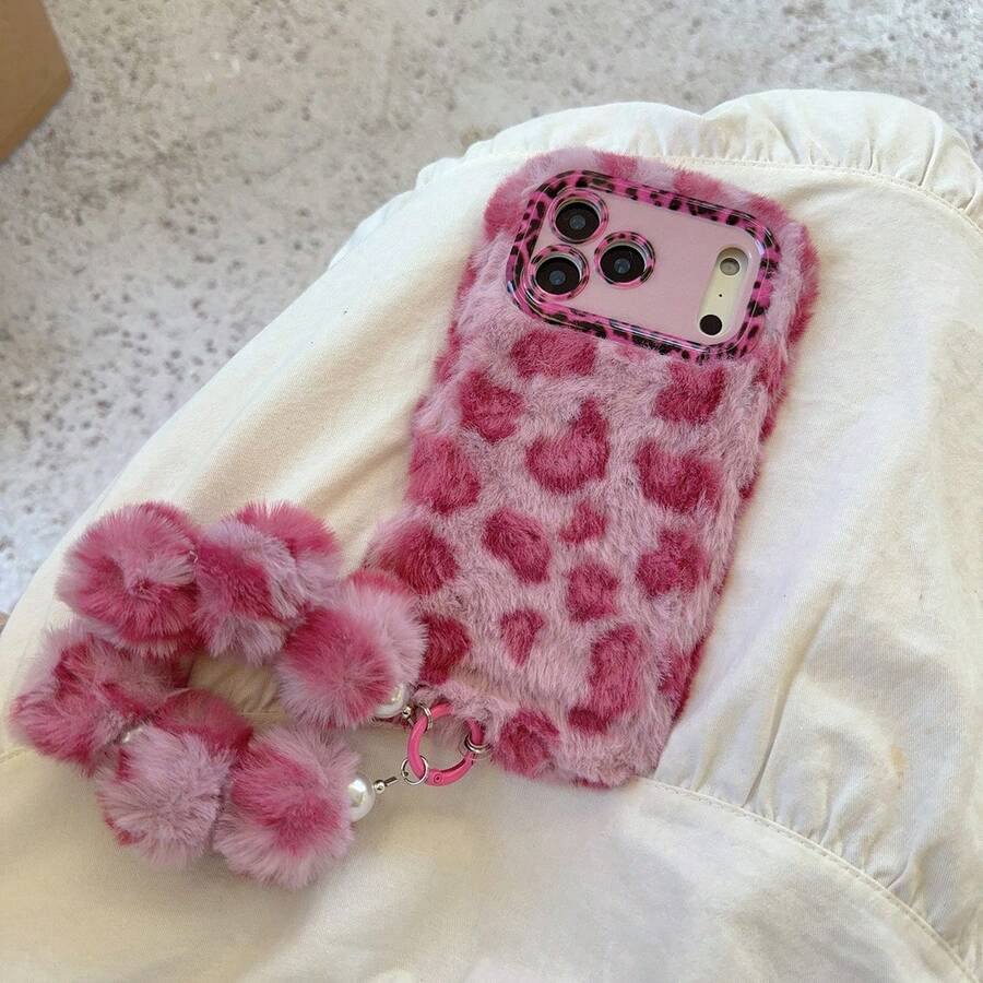 Autumn/Winter Fuzzy Leopard Print Wristlet Phone Case - With Lens Stand Design - Compatible With Apple 17/16/15/14/13/12/11, S25U/S24U/S23U/A05S/A56/A17 Leopard Fuzzy Wristlet Lens Stand