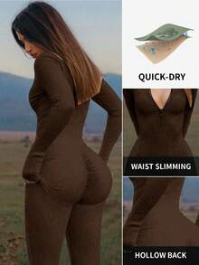 DINBEY Women's Solid Color Zipper Long Sleeve Ribbed Jumpsuit, Suitable For Yoga, Running, Outdoor Activities - Coffee Brown - View 4