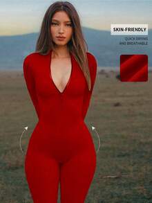 DINBEY Women's Solid Color Zipper Long Sleeve Ribbed Jumpsuit, Suitable For Yoga, Running, Outdoor Activities