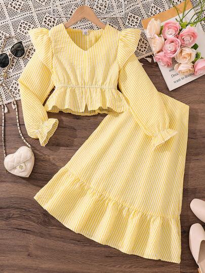 Left Mama 女童优雅甜美盖袖黄色格子上衣和裙子两件套，春秋