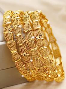 1pc Stacked 24K Gold Plated Heart & Four Leaf Clover Openable Bracelet, Popular Dubai & Europe Style, For Summer Wedding Season