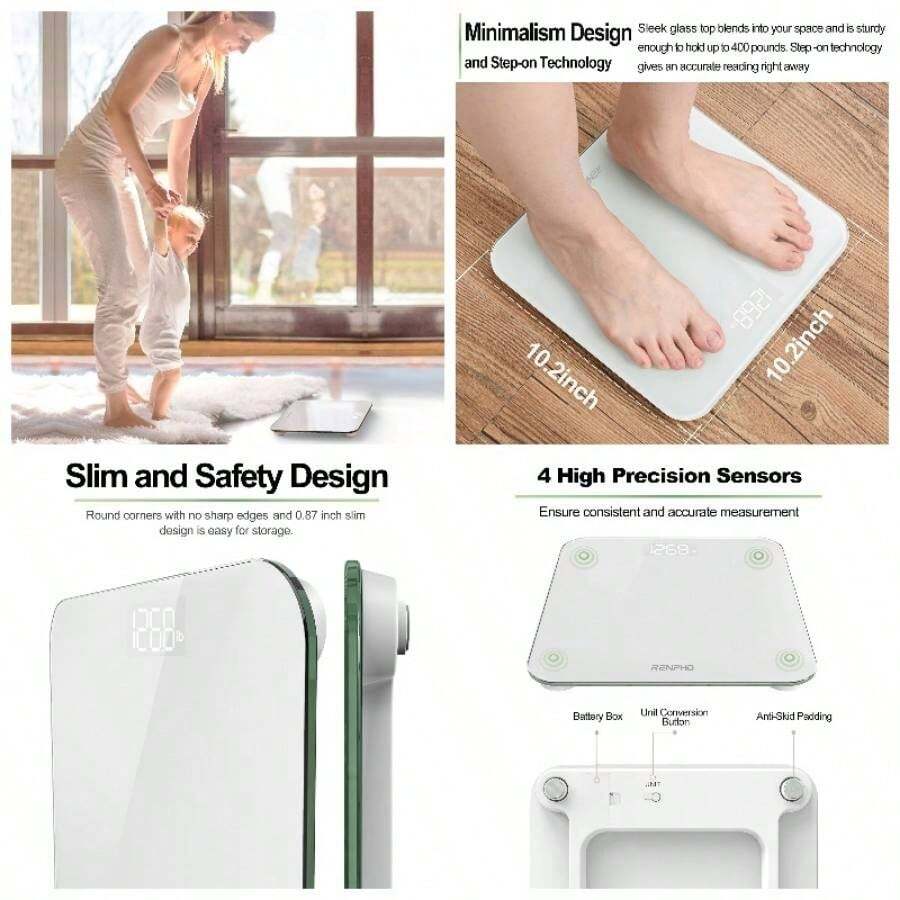 Bscula de bao digital, bscula de peso corporal de alta precisin con pantalla iluminada, diseo de esquina redonda, 400 lb, ncleo negro 1S - Blanco + 10.2"/260mm - Ver 1