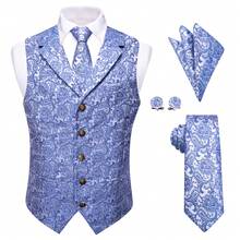 Mens Waistcoat Light Blue  Paisley Flower Vest & Silver Tie Pin & Tie Set Tuxedo Gilet Wedding Formal Casual - 藍色 - 查看 5