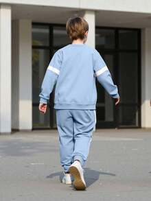 2pcs/Set Tween Boy Spring/Autumn Printed Sweatshirt And Pants Casual Outfit - Blue - View 6