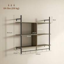 Floating Shelves, 104CM Wall Mounted Ladder Shelf With 4 Hooks, Rustic Hanging Display Shelf Living Room, Entryway, Kitchen, Rustic Brown - Grey Wood Effect - View 4