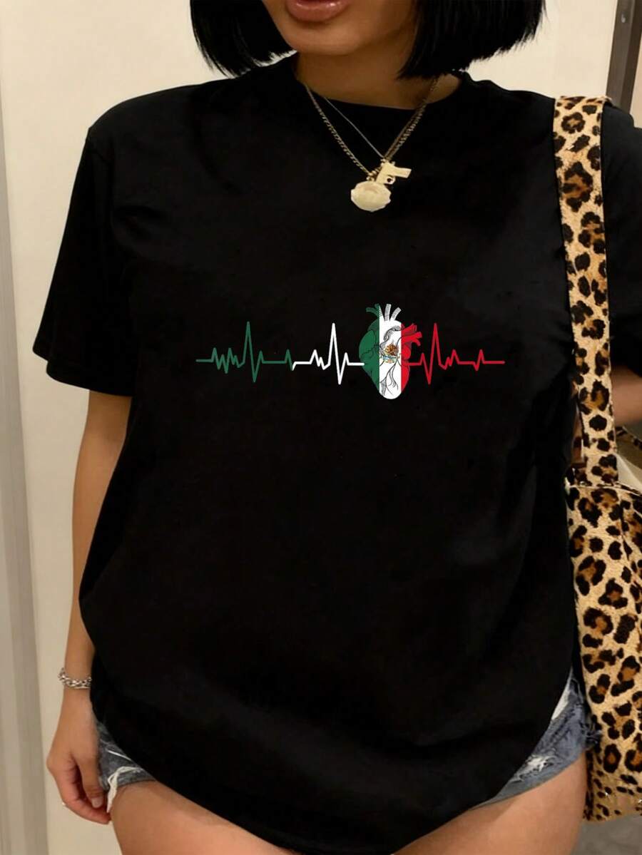 Camiseta de la bandera de México Latido del corazón para el orgullo mexicano Camiseta de raíz de la bandera mexicana Camisetas gráficas para mujeres tops cortos conjuntos tops camiseta - Negro - Ver 1