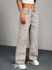 Jeans rectos y sueltos de uso diario con efecto desgastado en los bordes del cabello, de estilo vintage y casual para mujer