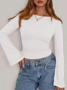 Fall New Arrival Women's Long-Sleeve Top Crop-Top Style Casual Outerwear Boat Neck With Bell Sleeves Ribbed Pleated Design Millennial-Inspired Fashion - 白色 - 查看 6