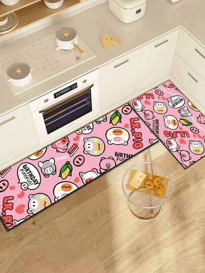 1 pieza Alfombra de gel de sílice para cocina, con tema de cerdo de dibujos animados lindo con elementos de maíz, corazón y texto "¡DIVERSIÓN DE CUMPLEAÑOS! ¡DIVERSIÓN!", estilo alegre y juguetón, lleno de encanto e ilusión infantil, alfombra de lujo para cocina con acolchado y anti-fatiga