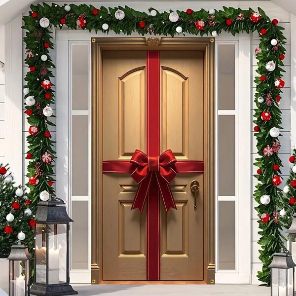 1 pieza Bandera de puerta decorativa de poliéster con lazo estilo festivo, cortina de puerta navideña, decoración colgante duradera para entrada, porche y jardín del hogar, decoración de carnaval y Año Nuevo, 180 x 90 cm